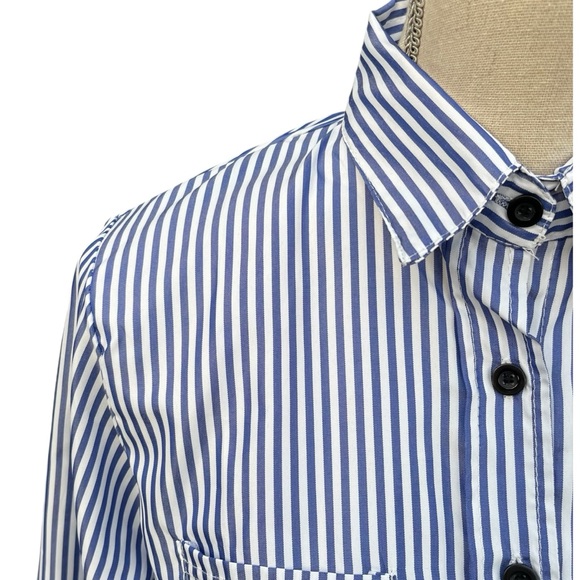 Blue & White Stripe Button Front Stretch Shirt Top Blouse (6) - Picture 4 of 12